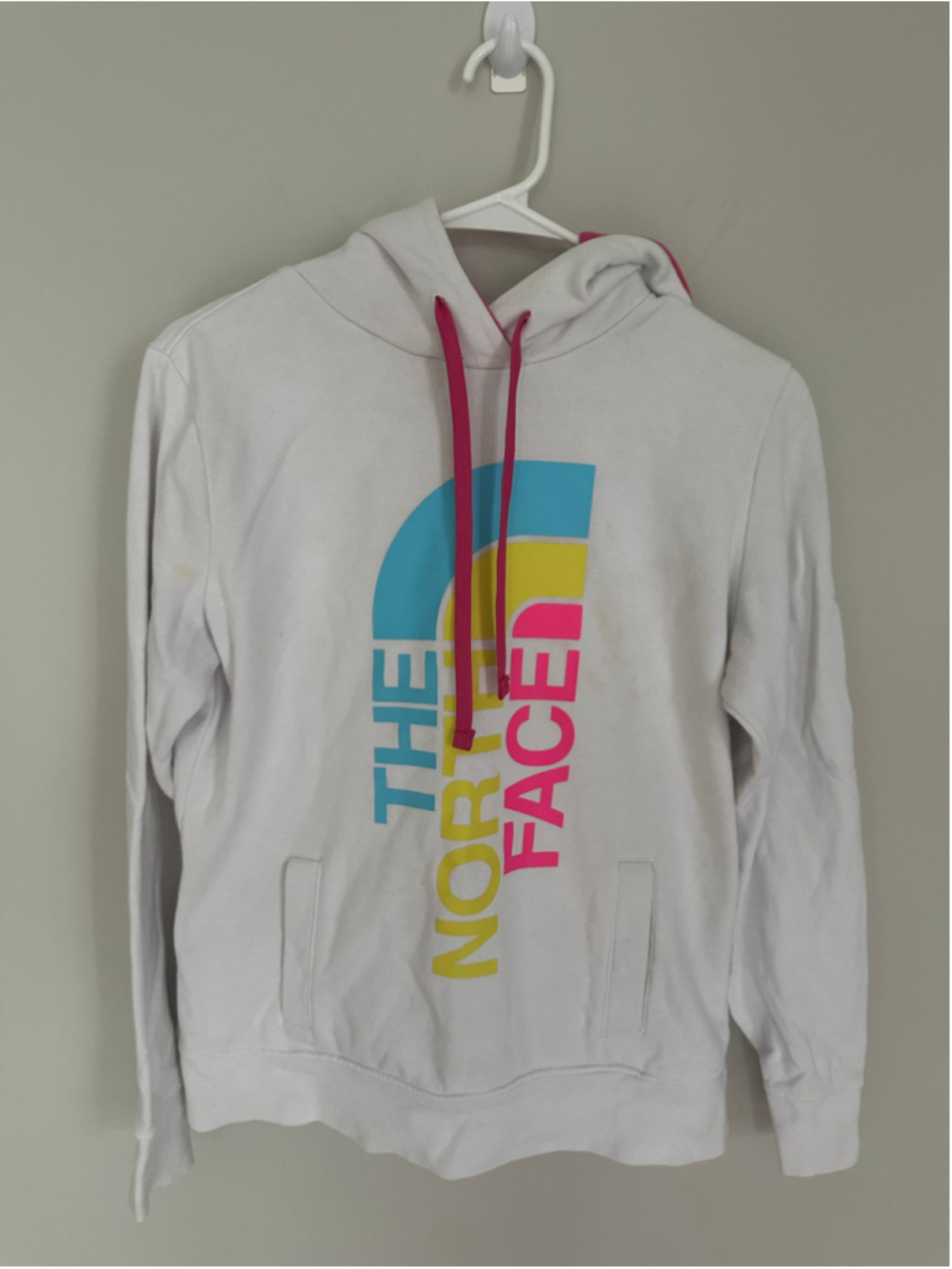 Women's The North Face Hoodie Size M White Pink Blue Yellow Logo